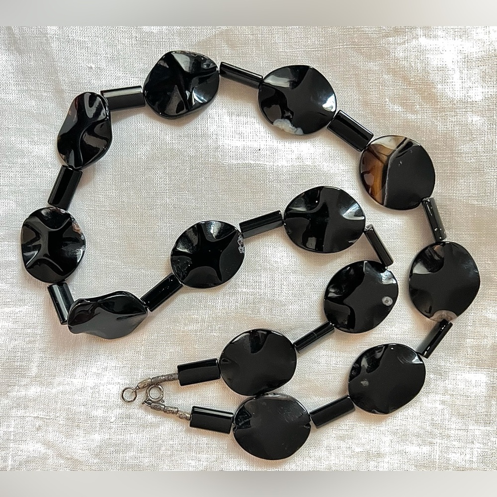 Handcrafted Black Agate Matinee Necklace with Sterling Silver Clasp 24”L